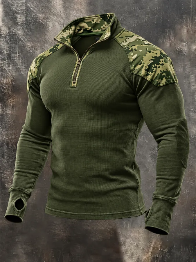 Men'S Vintage Cotton Waffle-Knit Camo-Panel Zip-Up Sweatshirt