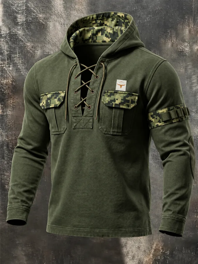 Men'S Outdoor Camouflage-Panel Hoodie With Drawstring Collar