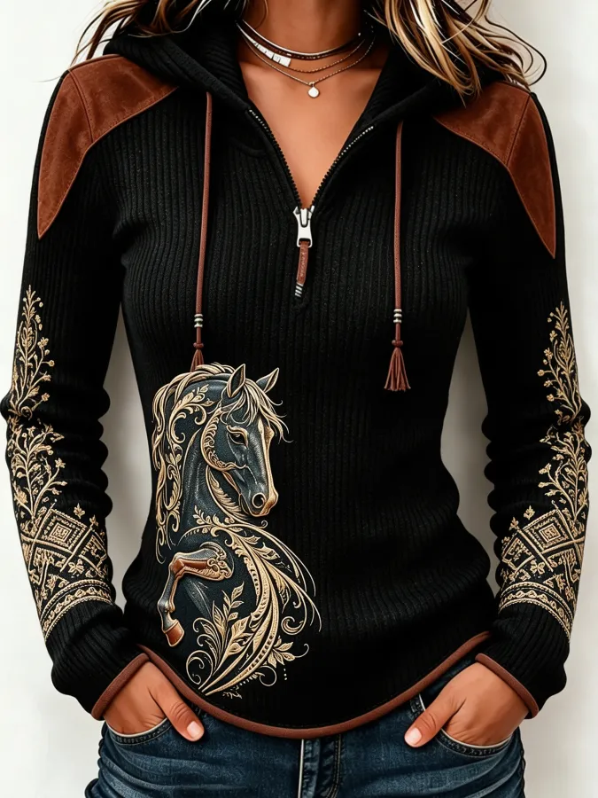 Women'S Vintage Western Horse Ethnic Art Print Zipper Hoodie
