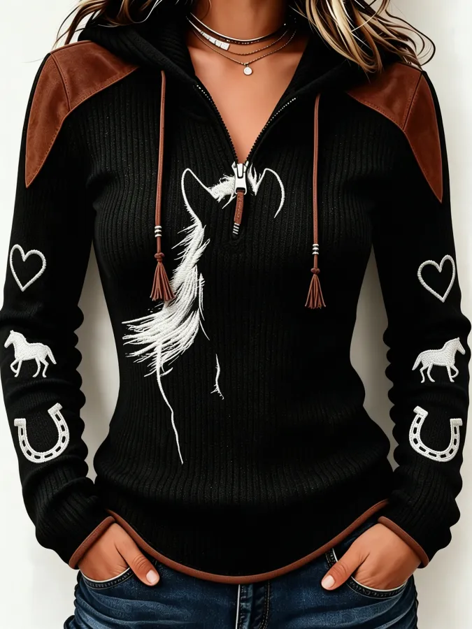 Women'S Silhouette Horse Art Print Printed Zipper Hoodie