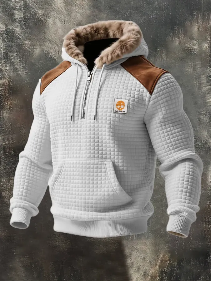Men'S Western Retro Suede Patchwork Checkered Hooded Sweatshirt