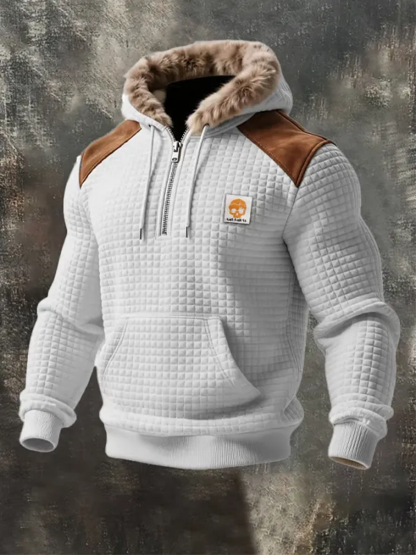 Men'S Western Retro Suede Patchwork Checkered Hooded Sweatshirt