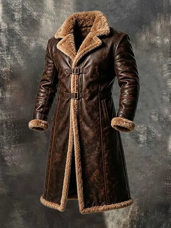 Men's Western Cowboy Leather Plush Coat