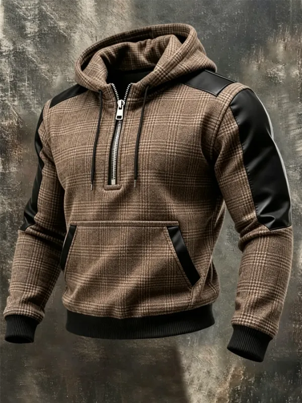 Men'S Retro Western Style Patchwork Leather Plaid Printed Zipper Hoodie
