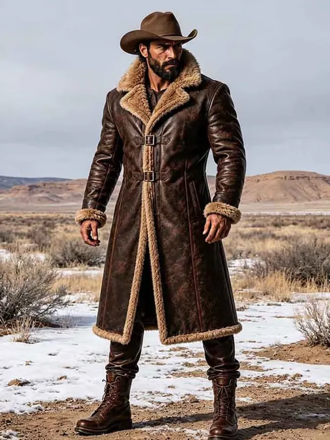 Men's Western Cowboy Leather Plush Coat