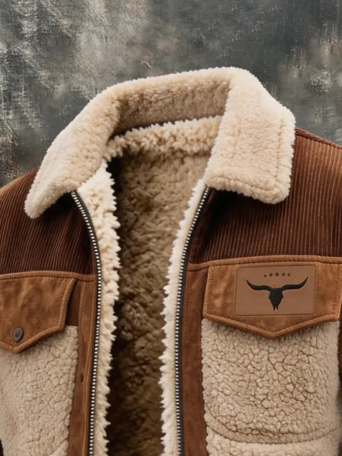 Men's Retro Western Corduroy Splicing Lamb Fleece Collar Jacket