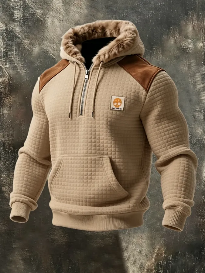 Men'S Western Retro Suede Patchwork Checkered Hooded Sweatshirt