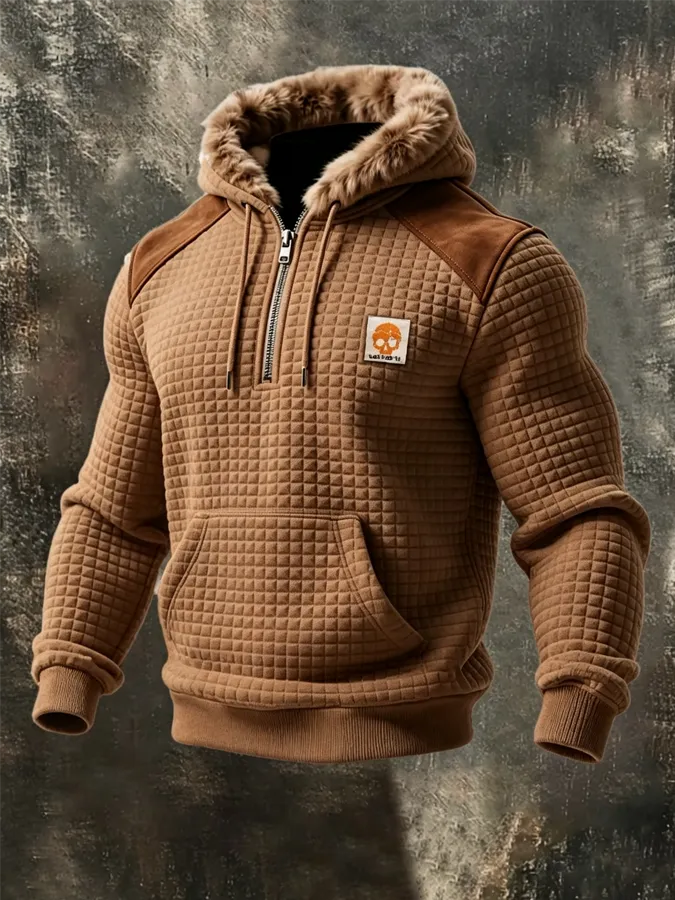Men'S Western Retro Suede Patchwork Checkered Hooded Sweatshirt