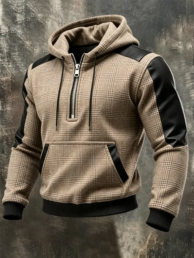 Men'S Retro Western Style Patchwork Leather Plaid Printed Zipper Hoodie