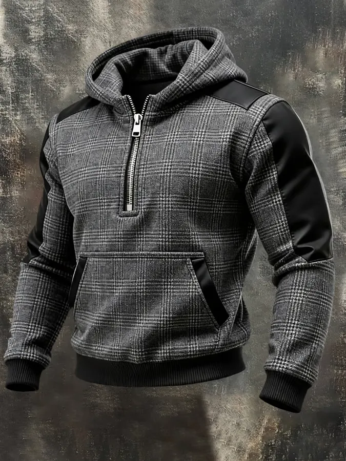 Men'S Retro Western Style Patchwork Leather Plaid Printed Zipper Hoodie