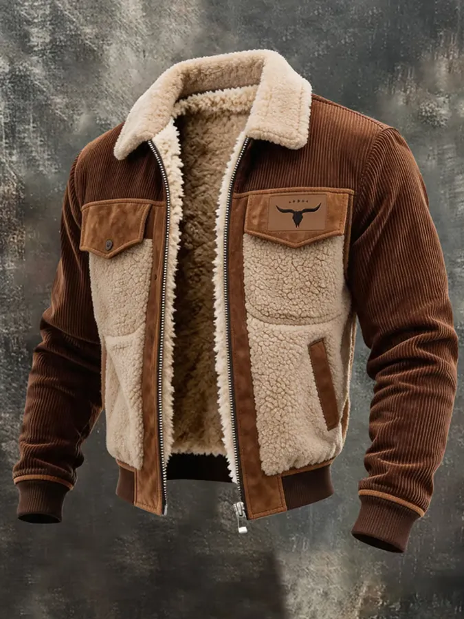 Men's Retro Western Corduroy Splicing Lamb Fleece Collar Jacket
