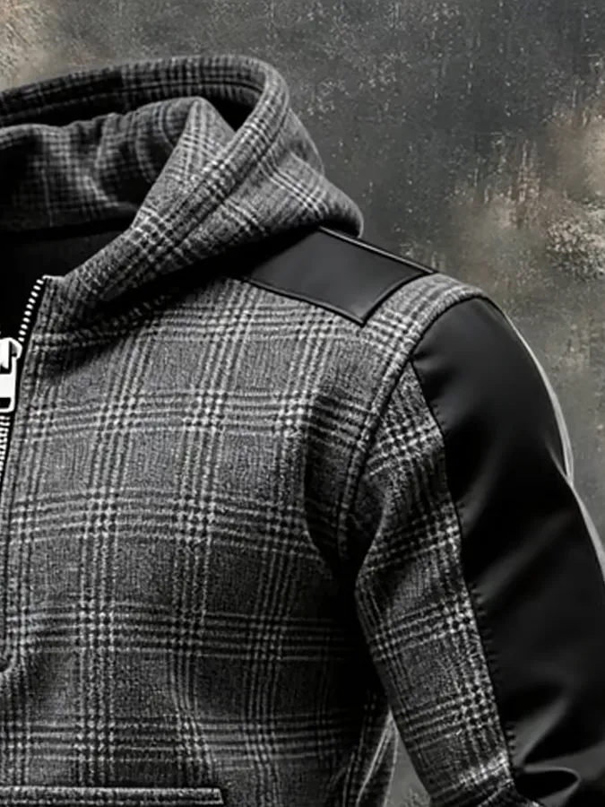 Men'S Retro Western Style Patchwork Leather Plaid Printed Zipper Hoodie