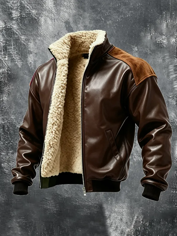 Men'S Retro Western Style Leather And Suede Patchwork Suede Jacket