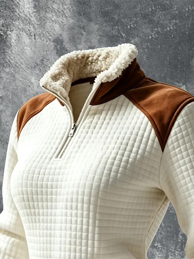 Women's Retro Western Lamb Velvet Suede Splicing Zipper Long Sleeve Hoodie