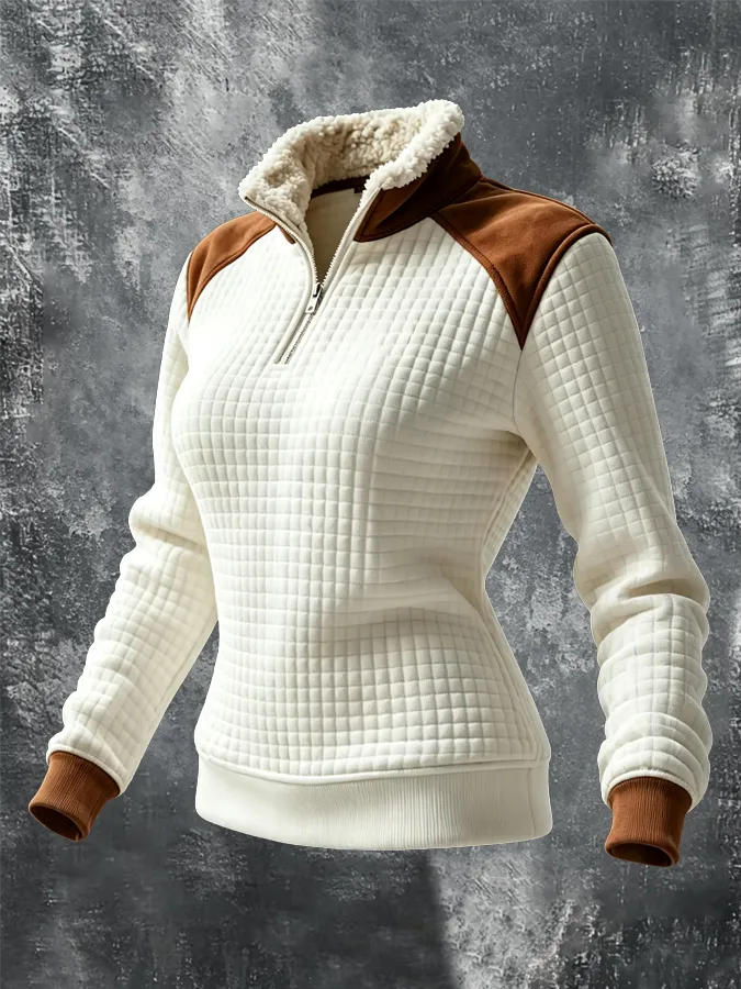 Women's Retro Western Lamb Velvet Suede Splicing Zipper Long Sleeve Hoodie