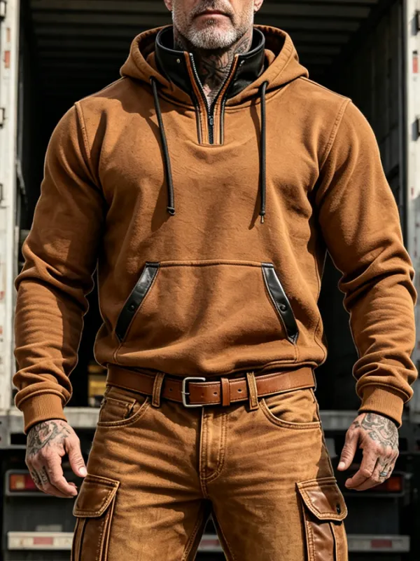 Men's Retro Stand Collar Leather Splicing 1/4 Zipper Hoodie