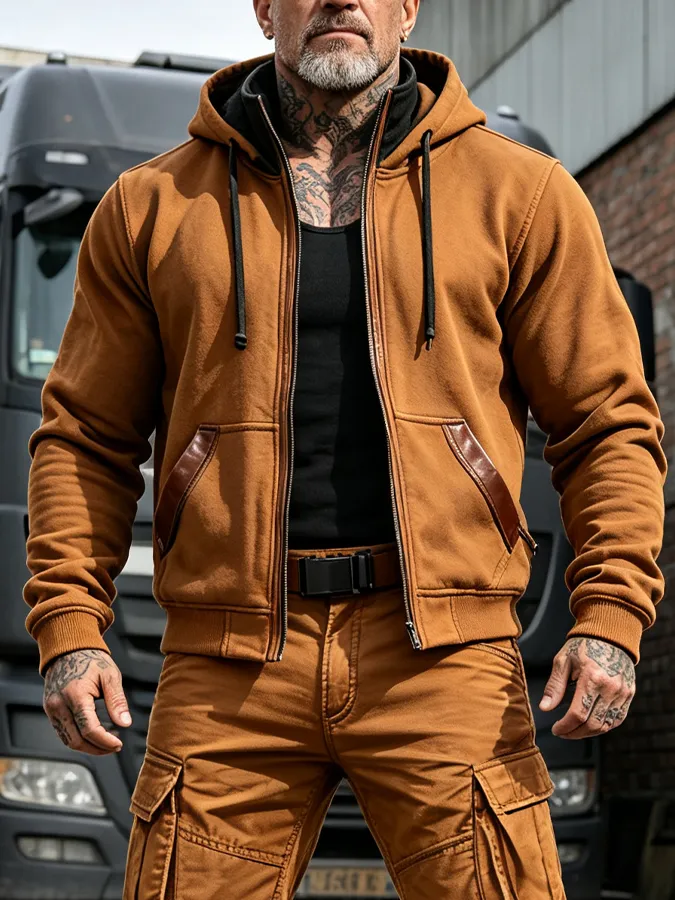 Men's Retro Zipper Splicing Upright Collar Hoodie