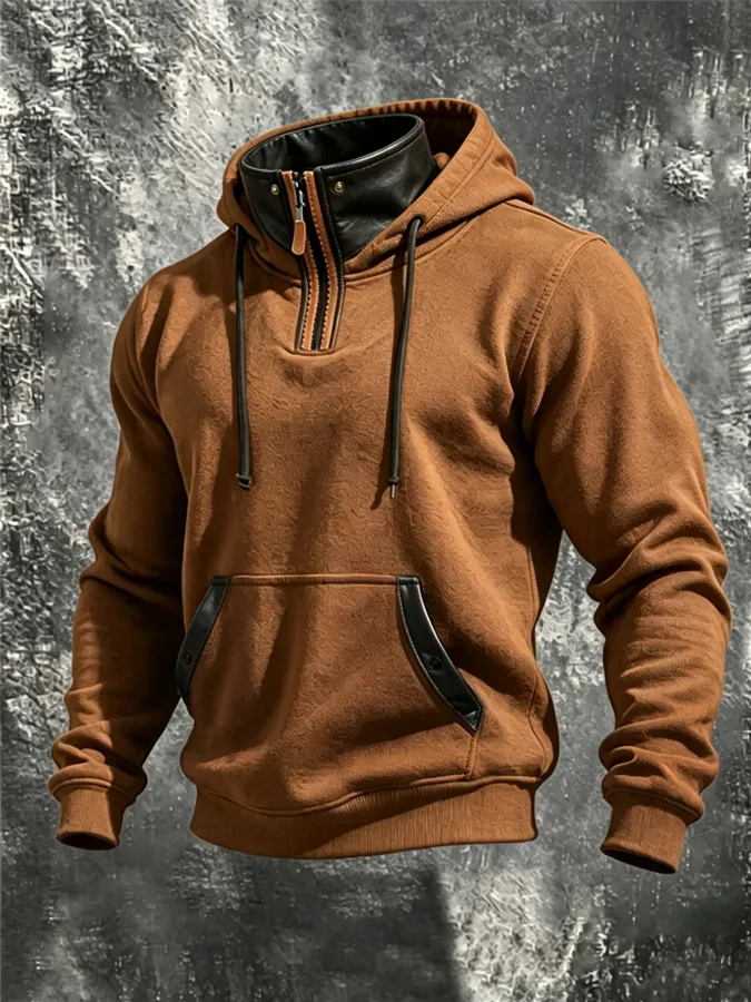 Men's Retro Stand Collar Leather Splicing 1/4 Zipper Hoodie