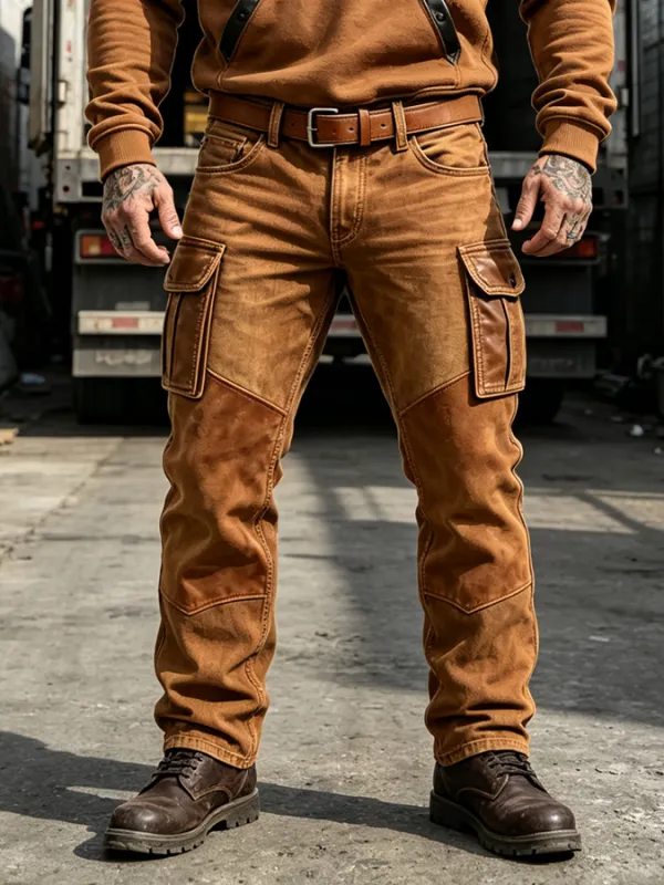 Men's Retro Washed Denim Suede Patchwork Leather Pocket Pants