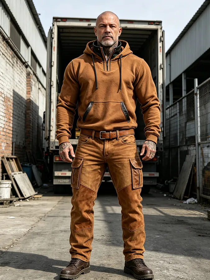 Men's Retro Washed Denim Suede Patchwork Leather Pocket Pants