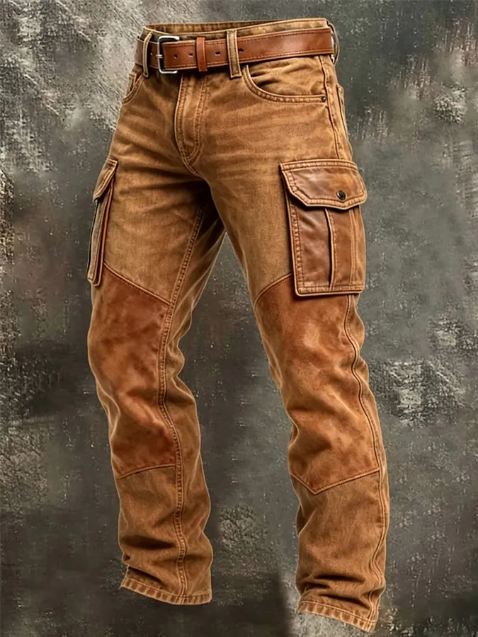 Men's Retro Washed Denim Suede Patchwork Leather Pocket Pants
