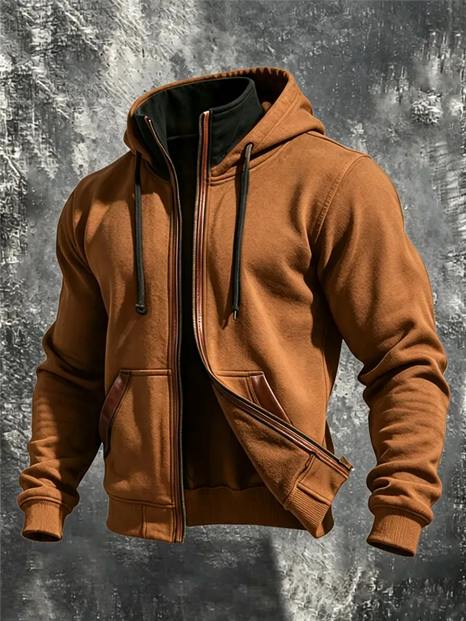 Men's Retro Zipper Splicing Upright Collar Hoodie