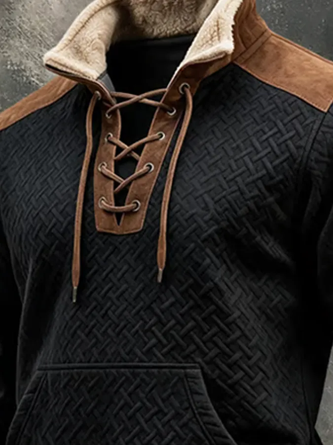 Men'S Suede Patchwork Drawstring Collar Waffle Sweatshirt