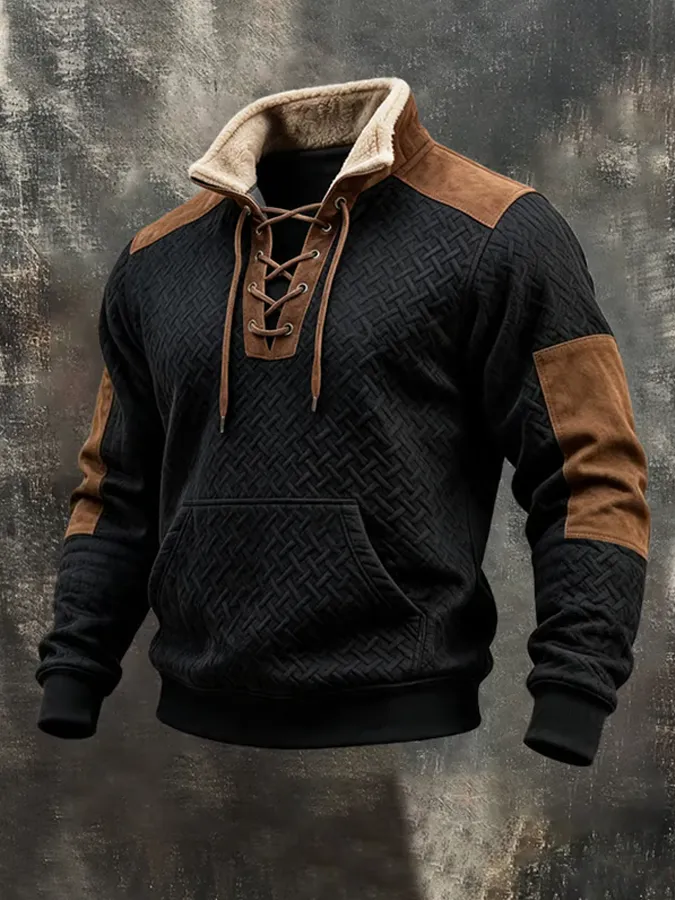 Men'S Suede Patchwork Drawstring Collar Waffle Sweatshirt