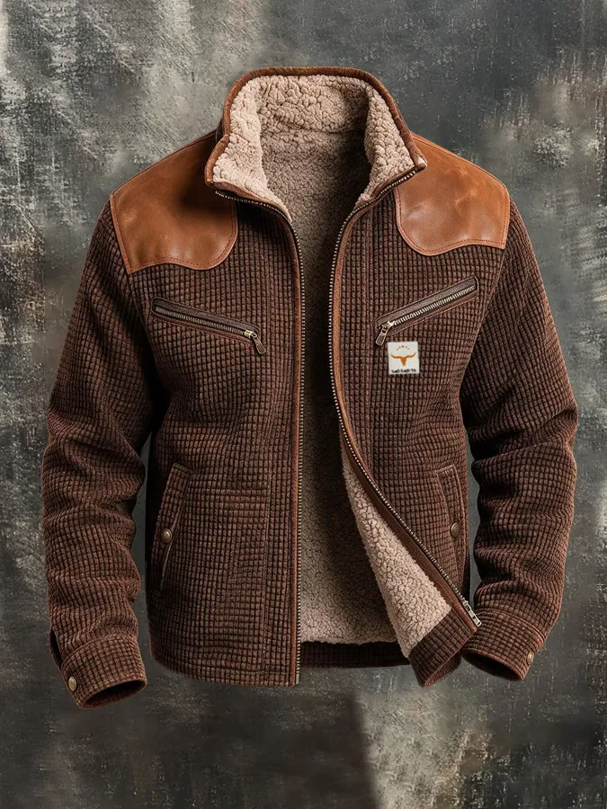 Men's Outdoor Waffle Leather Splicing Zipper Jacket