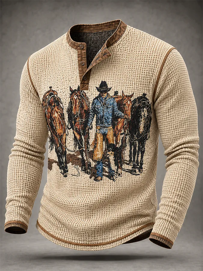 Men'S Western Style Block Printed Waffle Top