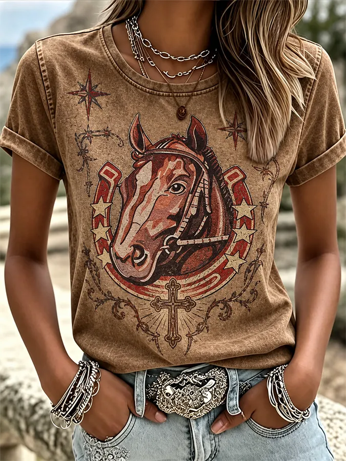 Women'S Western Retro Faith Round Neck T-Shirt