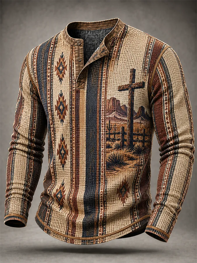 Men'S Western Style Block Printed Waffle Top