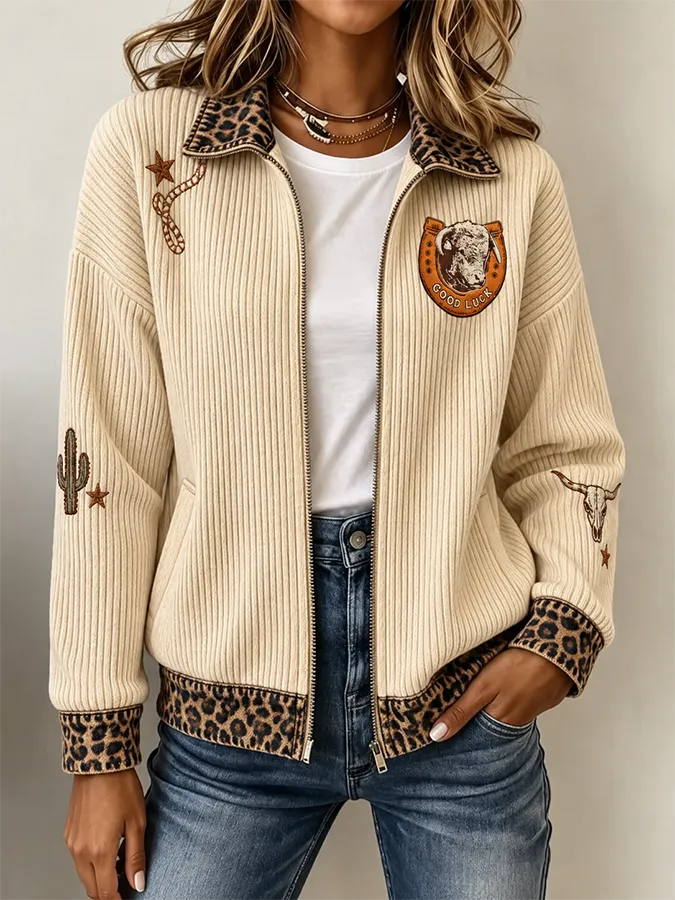 Women'S Retro Western Style Knitted Zipper Cardigan