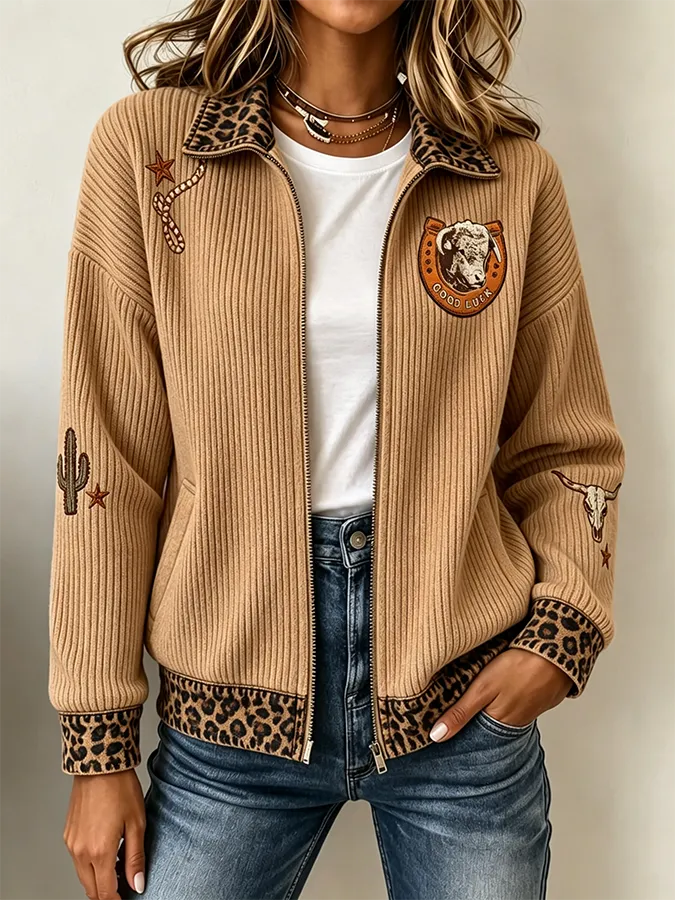 Women'S Retro Western Style Knitted Zipper Cardigan