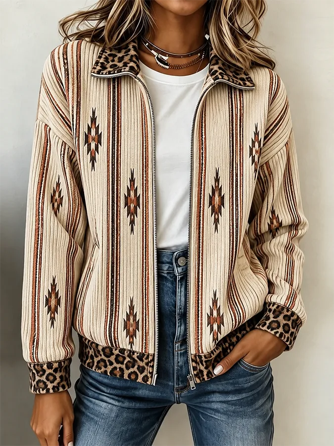 Women's Retro Western Style Pattern Knit Zip-Up Cardigan