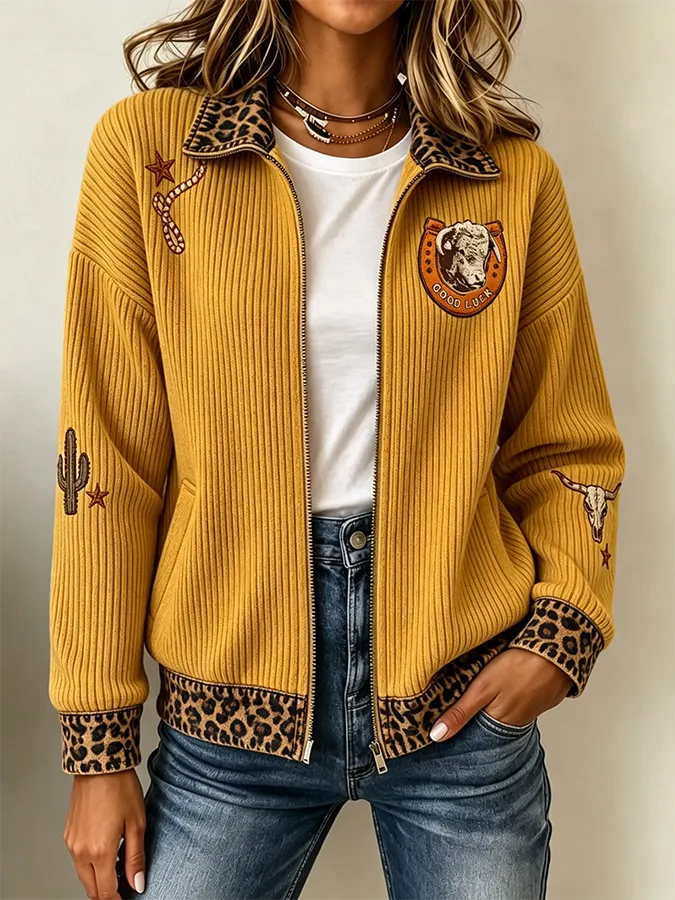 Women'S Retro Western Style Knitted Zipper Cardigan