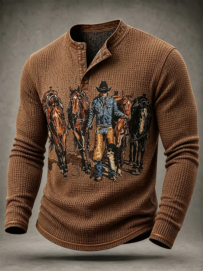 Men'S Western Style Block Printed Waffle Top