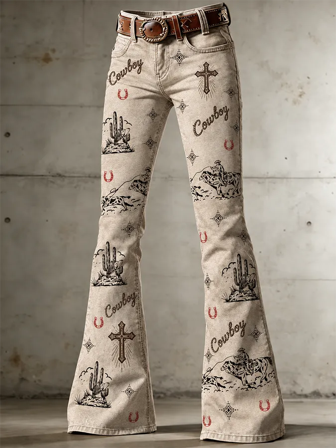Women's Western style printed flared jeans