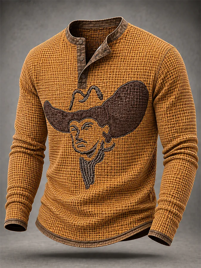 Men'S Western Style Printed Waffle Top