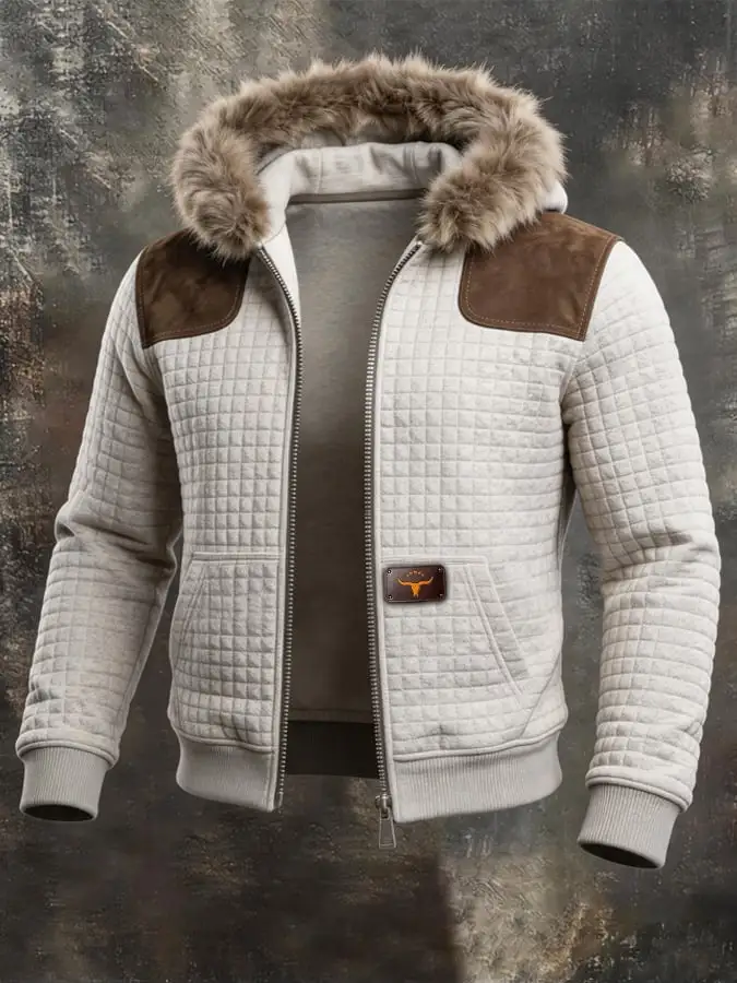 Men'S Vintage Textured Check Jacket With Plush Collar