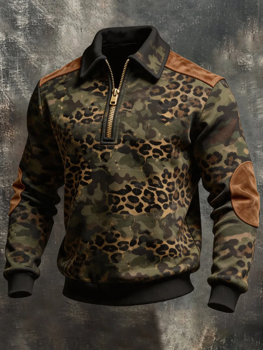 Men'S Retro Camouflage Print Color-Block Zip-Up Sweatshirt