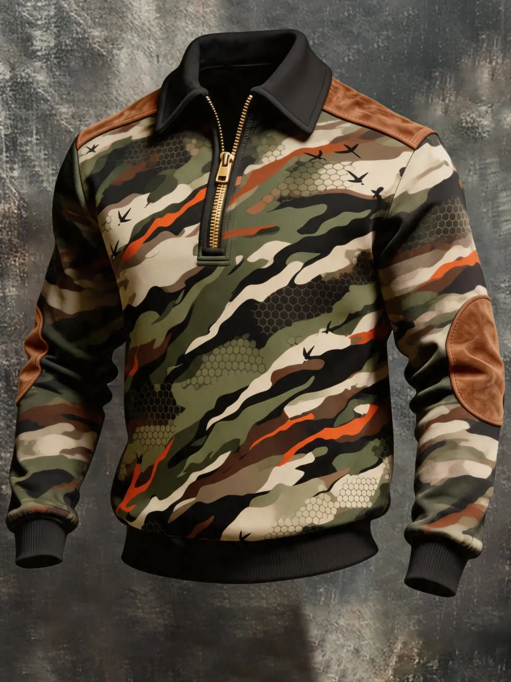 Men'S Retro Camouflage Print Color-Block Zip-Up Sweatshirt