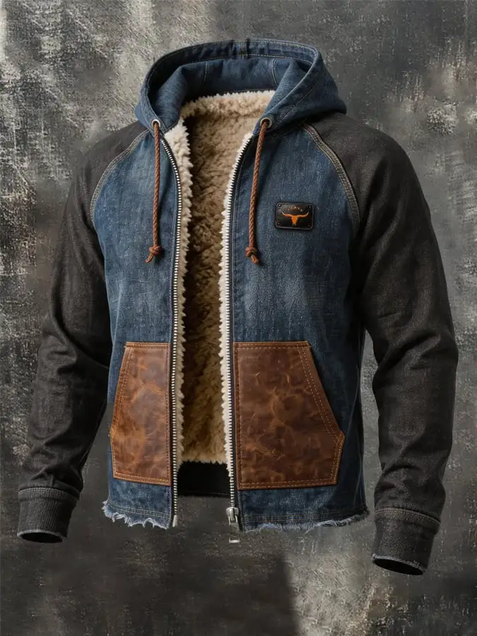 Men'S Vintage Denim-Panelled Warm Hooded Jacket