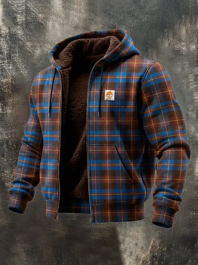 Men'S Retro Plaid Print Fleece-Lined Warm Outdoor Jacket
