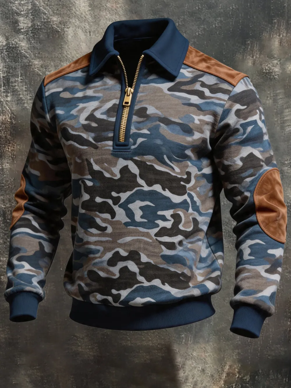 Men'S Retro Camouflage Print Color-Block Zip-Up Sweatshirt
