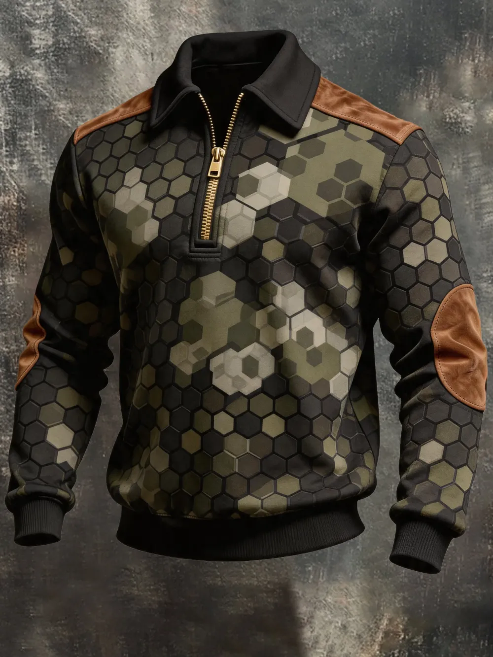 Men'S Retro Camouflage Print Color-Block Zip-Up Sweatshirt