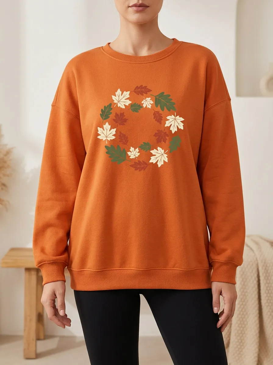 Textured Maple-Leaf Printed Leaf-Motif Graphic Sweatshirt