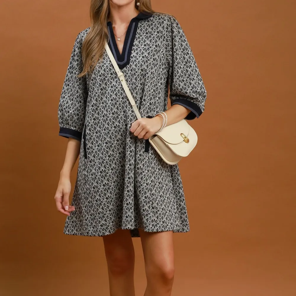 Classic Jacquard Puff Sleeve Dress