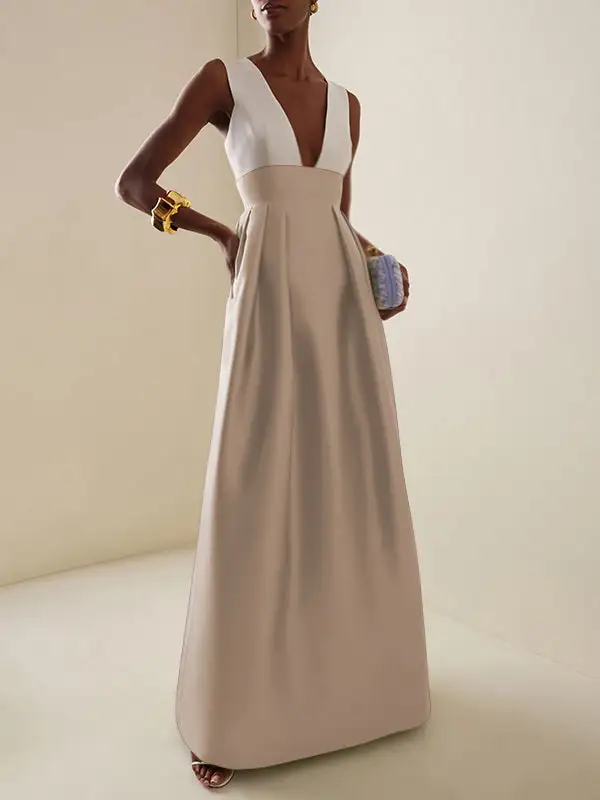 Deep Pleated Neck Maxi Dress