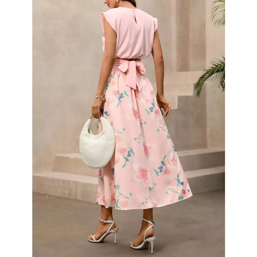 Contemporary Round Neck Top And Floral Print Skirt Two-Piece